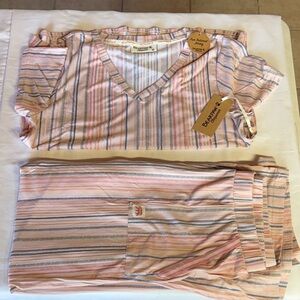 BearPaw Pastel Striped V-Neck Pajama Set in Pink and Blue
